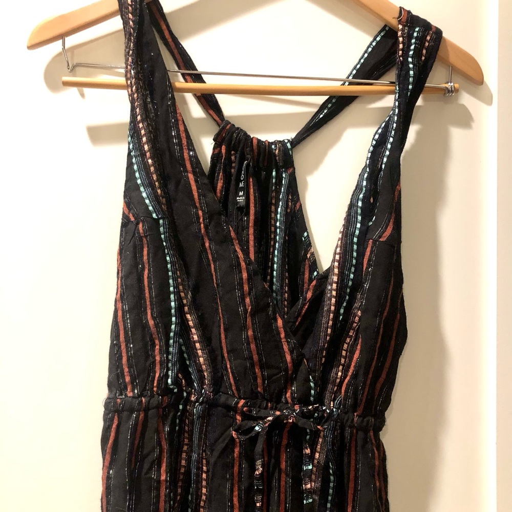 Boho Me deep plunge maxi black dress w multi stripe + metallic thread
